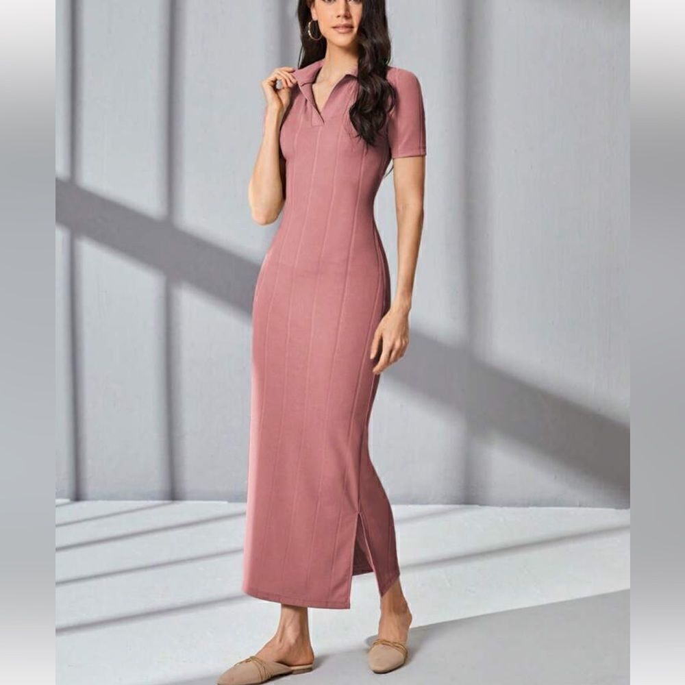 Solid Split Hem Fitted Dress Dusty Pink Size M (6)